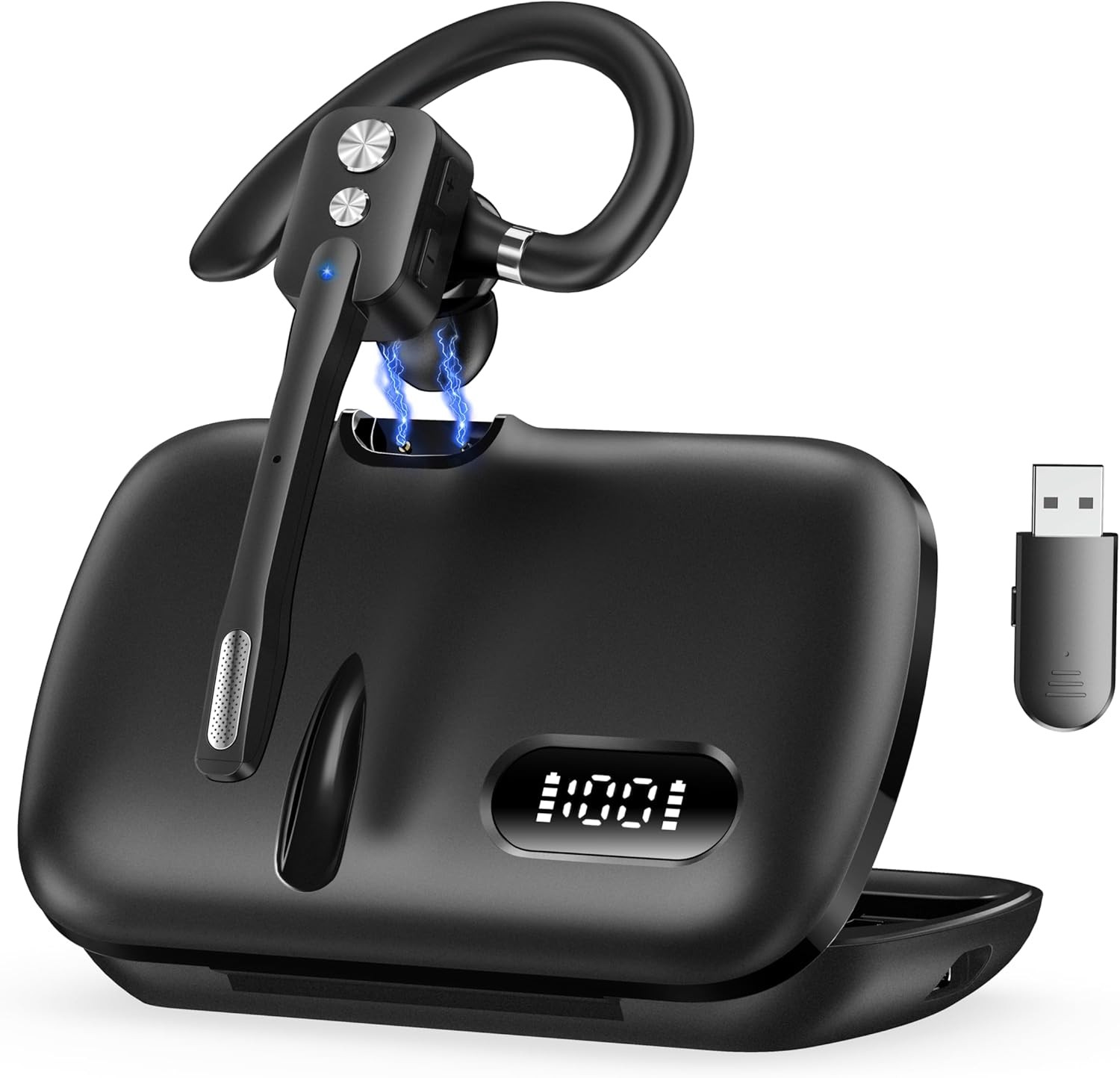 Bluetooth Headset Wireless Bluetooth Earpiece with Dual Mic Noise Canceling Qualcomm V5.3 Hands Free Single Ear Headset with Charging Case for Trucker Office Designed for Ergonomics